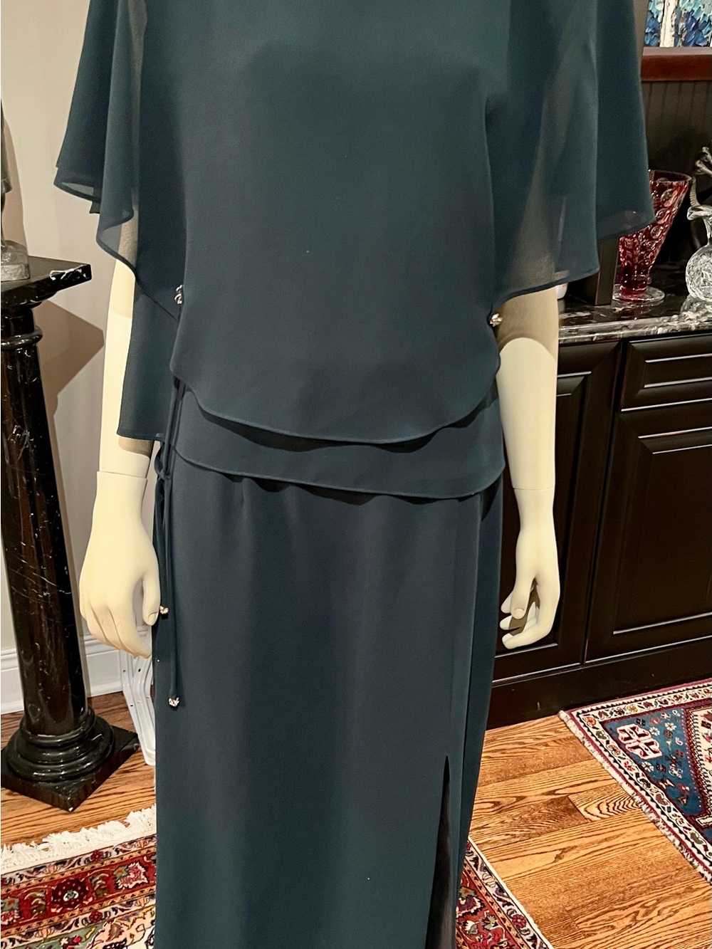 Elegant Dark Teal Asymmetrical Maxi Dress with Layered Overlay
